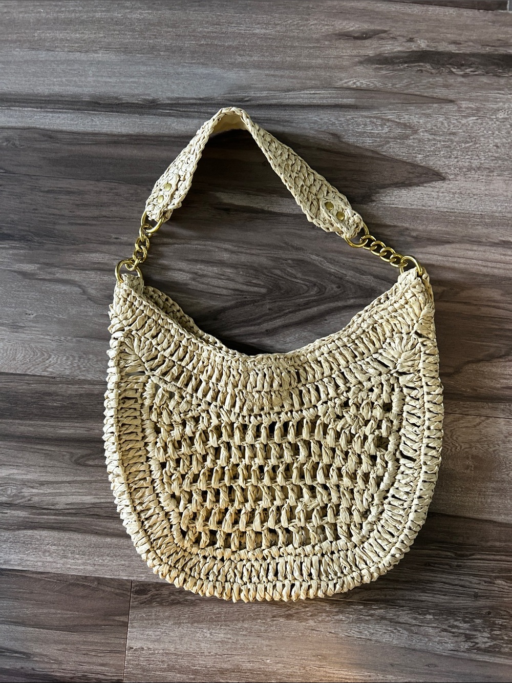 aerie tan Woven Shoulder Bag with Gold Chain Detail